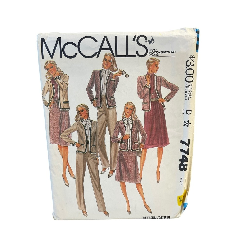 McCALL'S Sewing Pattern Misses Size 12 7748 Jacket Blouse Skirt Pants Vintage